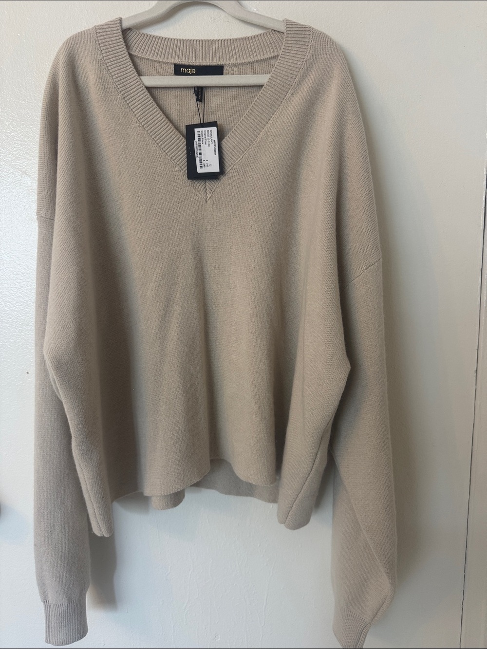Maje Taupe-Cream V-Neck Relaxed Knit Sweater